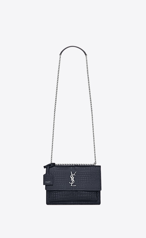 SAINT LAURENT Sunset Femme Sac Medium SUNSET en cuir brillant embossé façon crocodile glacé bleu foncé a_V4